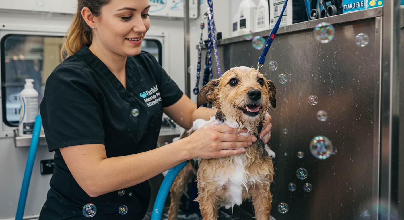 Groomer washing a dog in Miami neighborhood with mobile van